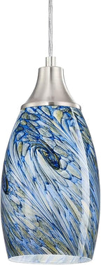 Mini Pendant Lights Kitchen Island White Blue Glass Lamp Shade Hand Blown Glass Pendant Light with Brush Nickel Finish Adjustable Cord for Kitchen Over Sink Hallway,Dining Room,Stairs Way