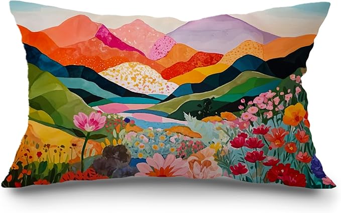JINYO Abstract Mountain Pillow Covers 12x20 inch,Abstract Mountain Floral Pillow Cover Watercolor Landscape Decorative Pillow Covers for Home Bedroom Living Room Office Decor, Vintage Western Decor