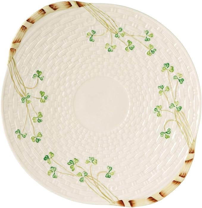 Belleek Classic Shamrock 11" Bread Plate - Handmade Porcelain Ceramic Serving Platter with Handles - White Decorative Serving Tray - Oven Safe Serving Dish, Tray for Kitchen Counter