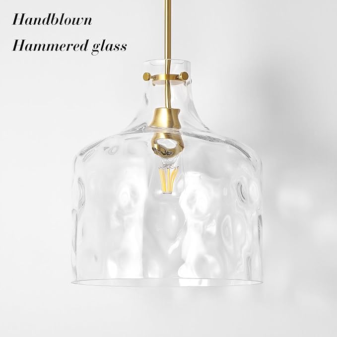 16" Extra Large Farmhouse Pendant Light – Hand-Blown Hammered Glass Shade, Gold Finish, Adjustable Chain Ceiling Light for Kitchen Island, Dining Room, Hallway