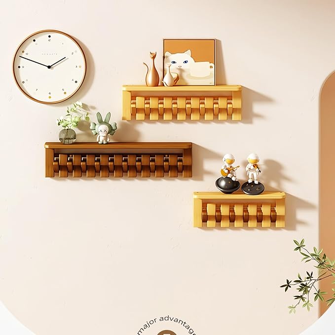 Wall Mounted Piano Key Hanger | Flip Style Hook | Entrance Wall Art Hook, Made of Oak Wood (3 Times Painted, 4 Times Polished) (Tray Beech, 10Hooks)