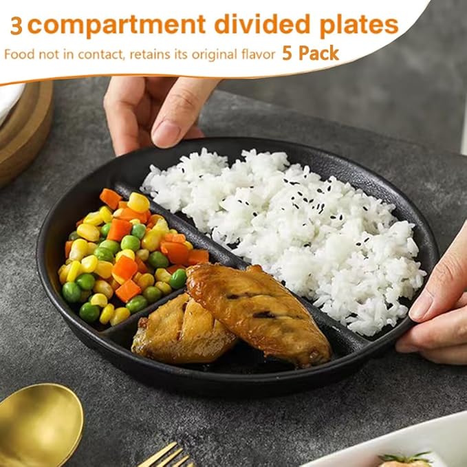 (5 Pack) Portion Control Plate for Balanced Eating, 9" Unbreakable Divided Plates,3 Compartment Round Plates, Reusable Plastic Plates, BPA Free for Kids Adults Bariatric Diet (Black)