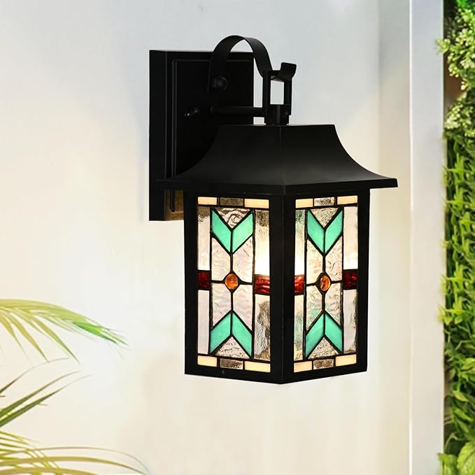 WL0009 Tiffany Style Outdoor Light Fixutres Stained Glass Wall Sconce Exterior Waterproof Wall Lantern Light for Balcony Aisle Hallway W 7X D 6 x H 12 Inches, Bulb Included (Chrolume)