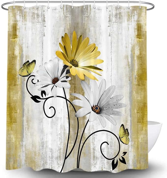 Rustic Farmhouse Shower Curtain, Farm Yellow Daisy Floral Flowers and Butterfly on Country Wooden Shower Curtain for Bathroom, Yellow Bathroom Shower Curtains with 12PCS Hooks, 60X70IN