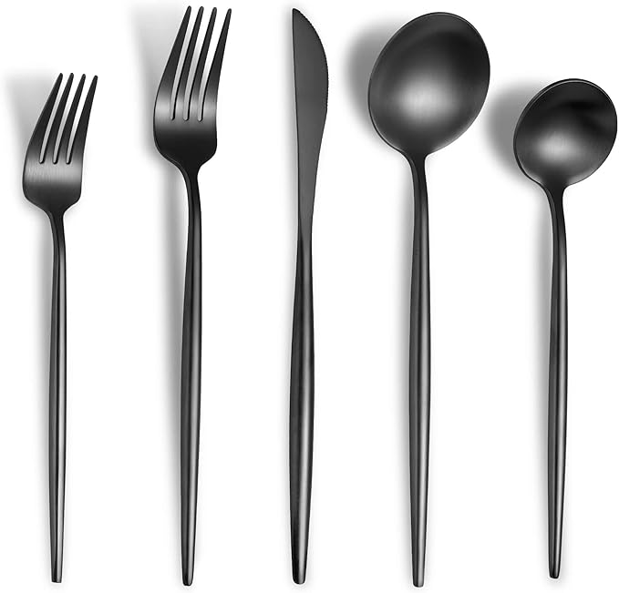 Lemeya Matte Black Silverware Set for 4,Modern Stainless Steel Brushed Cutlery Set,20-Pieces Heavy Duty Flatware Set,Knives Spoons and Forks Set Utensils Set, Satin Finish, Dishwasher Safe