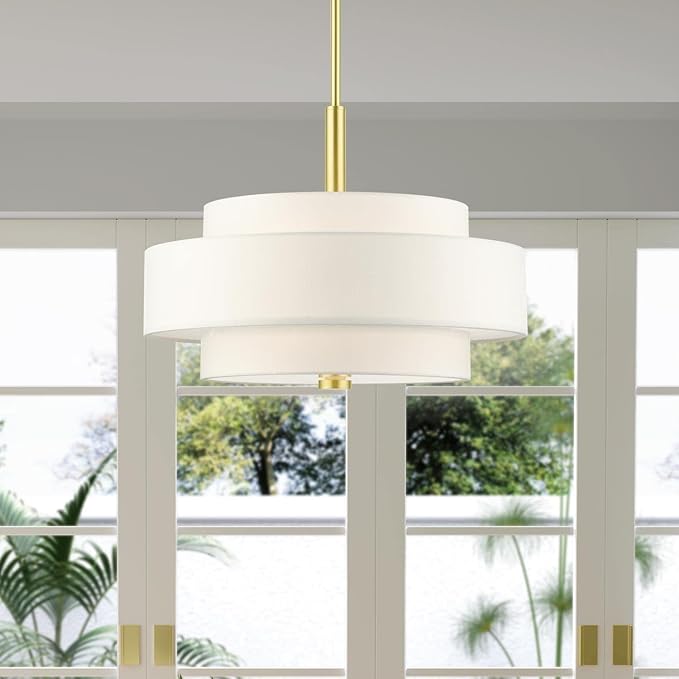 Livex Lighting 50874-12 Meridian Collection 4-Light Chandelier with Off-White Hardback Fabric Shade, Satin Brass,18" L x 18" W x 52" H