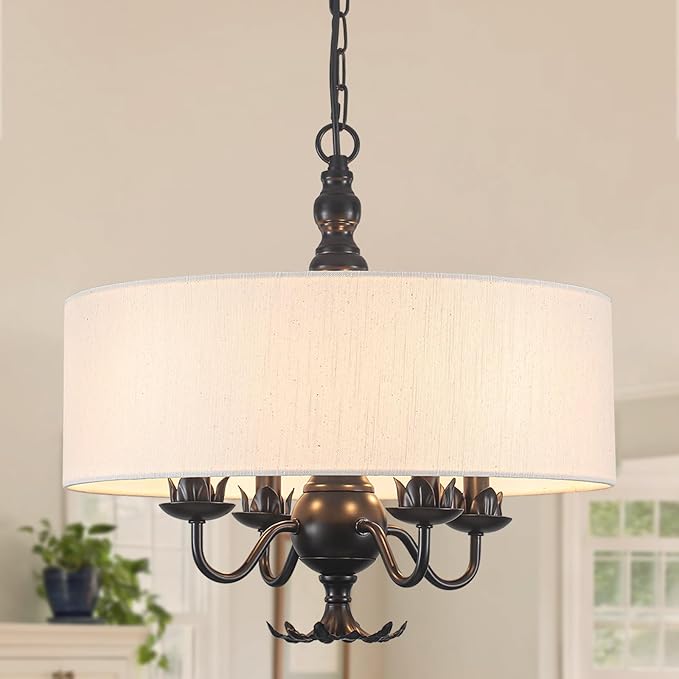 Drum Chandelier, 17.71” Farmhouse Chandeliers for Dining Room 4-Light with White Linen Drum Shade, Adjustable Height Round Chandelier Hanging Light for Kitchen Living Room Bedroom, UL-Listed