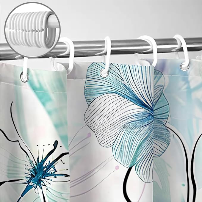 Sanzugh Teal Floral Shower Curtain, Boho Emerald Sage Hunter Olive Green Blue Abstract Flowers Art Cute Fabric Shower Curtains Set for Bathroom Decorative with Hooks 72 X 72 inch Spring Bath Decor