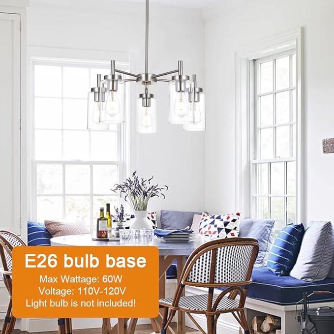 VINLUZ Contemporary 5 Light Large Chandeliers Modern Clear Glass Shades Pendant Lighting Brushed Polished Nickel Dining Room Lighting Fixtures Hanging Adjustable Wire Semi Flush Ceiling Lights