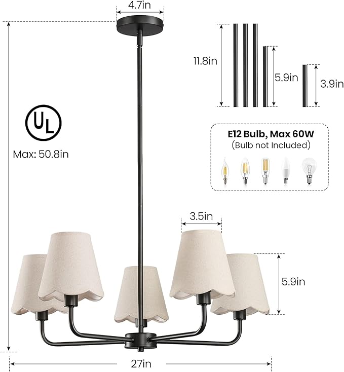 KAISITE Black Chandelier for Dining Room - 5-Light Farmhouse Dining Room Light Fixture Over Table Industrial Kitchen Lighting Fixture Ceiling Hanging Chandelier for Bedroom Living Room Foyer Entryway