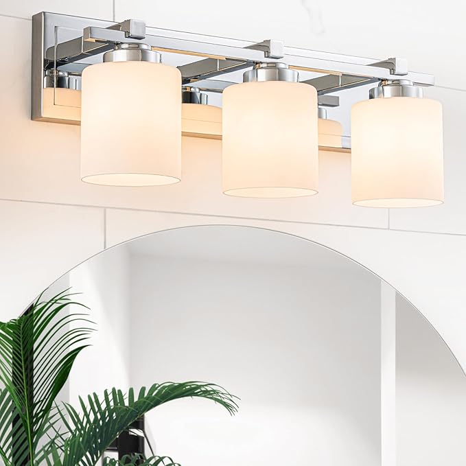 3 Light Modern Bathroom Light Fixtures Over Mirror, Chrome Vanity Lights for Bathroom Wall Sconces with Milky White Glass Shades, E26 Socket (Bulbs Not Included)