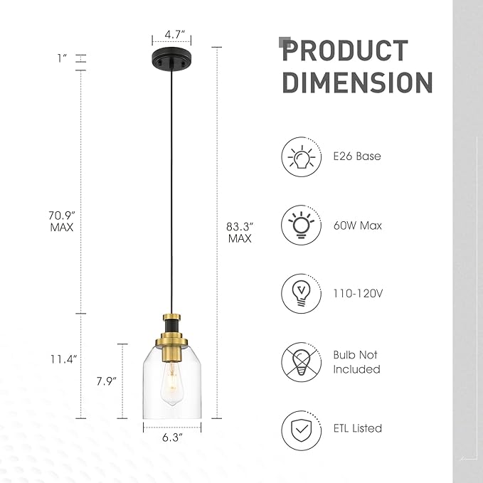 zeyu Glass Pendant Lights Kitchen Island 2 Pack, Modern Hanging Light for Kitchen Sink Dining Room, Clear Glass Shade, Black and Gold Finish, ZG33M1L-2L BK+BG