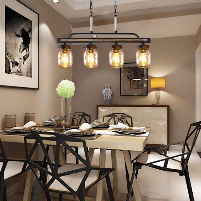 Wellmet Farmhouse Dining Room Chandelier, Black Mason Jar Chandelier Lighting Fixture for Kitchen Island, Dining Table, Rustic Linear Cluster Hanging Pendant Light, Faux Wood with Glass Shade