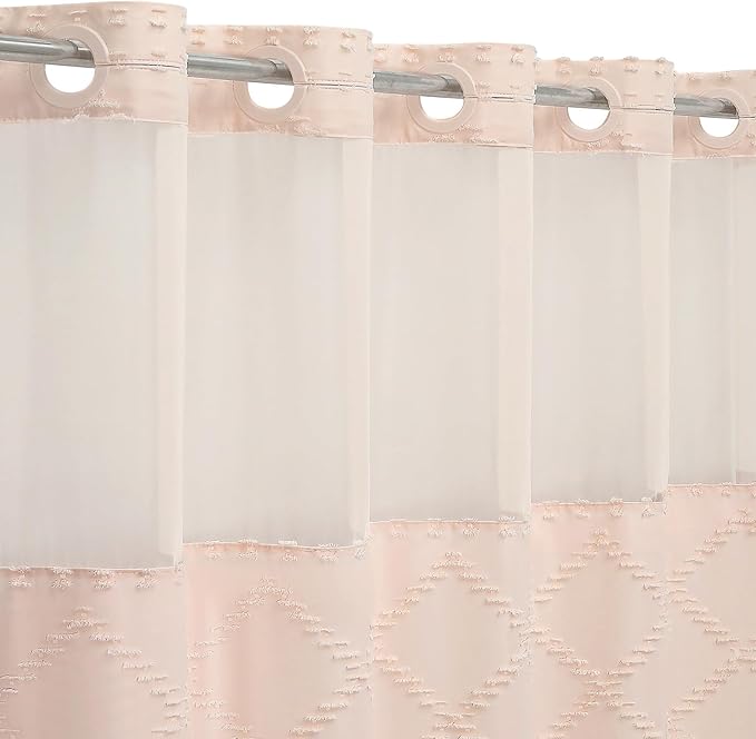 No Hooks Boho Light Pink Woven Fabric Shower Curtain 72 x 80 Modern Farmhouse, Tufted Chevron Striped Shabby Chic Textured, Minimalist Hookless Shower Curtains for Bathroom, Hotel Decor