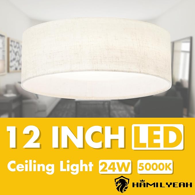 Hamilyeah LED Ceiling Light Flush Mount 24W, 12 inch Drum Ceiling Light Fixture 5000K, Dimmable Close to Ceiling Light with Beige Fabric Shade for Kitchen, Living Room, Bedroom, Bathroom, Entryway