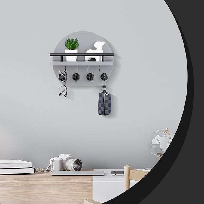 Nekon Key Holder for Wall - 9.8 Inch Apartment Wall Decor with Shelf and 8 Key Hooks, Circular Wood Key Hanger for Home Decor (Gray)