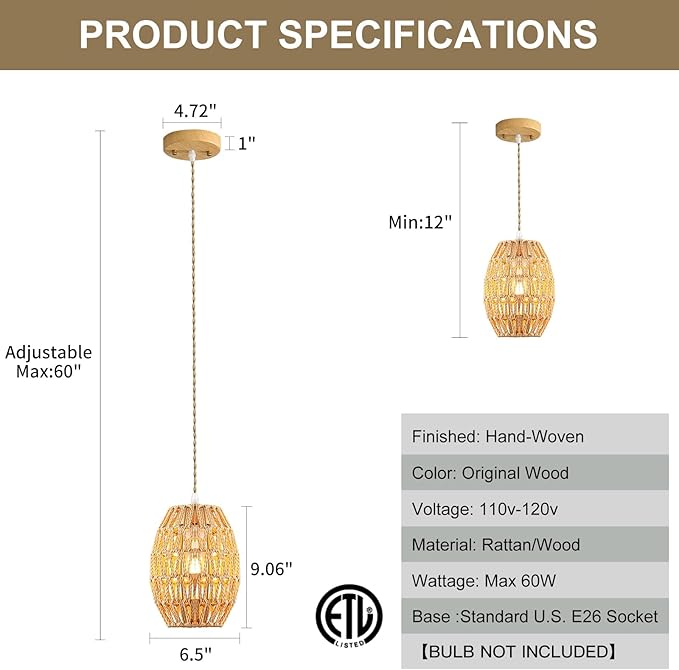 3-Light Rattan Pendant Light, Boho Chandelier Light Fixture, Small Wicker Light Fixture, Wicker Chandelier, for Bedroom Kitchen Island, ETL Listed