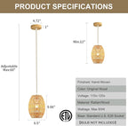 3-Light Rattan Pendant Light, Boho Chandelier Light Fixture, Small Wicker Light Fixture, Wicker Chandelier, for Bedroom Kitchen Island, ETL Listed