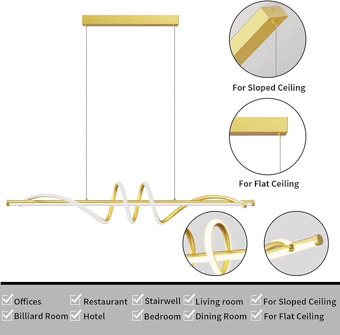 Modern LED Pendant Lights, 47in Gold Chandelier Dimmable with Remote Control 3000k-6000K Adjustable Color Temperature, Aluminum Island Lighting Lamp Fixture for Kitchen, Dining Room