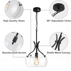 Glass Pendant Light Kitchen Island, 11.8" Industrial Hanging Light Fixture, Black Pendant Lighting with Glass Shade for Dining Room Kitchen Sink Hallway Entryway