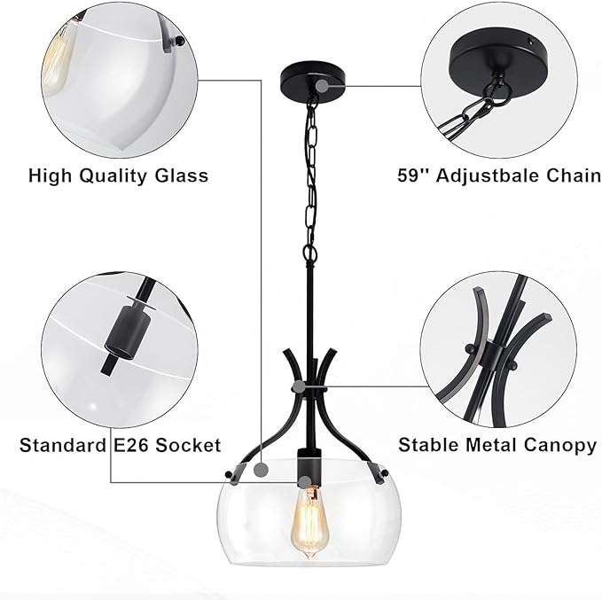 Glass Pendant Light Kitchen Island, 11.8" Industrial Hanging Light Fixture, Black Pendant Lighting with Glass Shade for Dining Room Kitchen Sink Hallway Entryway