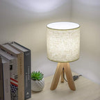 HAITRAL Small Bedside Table Lamp - Wooden Tripod Nightstand Lamp for Bedroom, Living Room, Office, Home with Fabric Linen Shade - 13.4 Inches (Without Bulb)