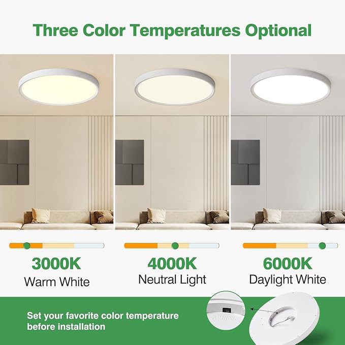 20 Inch Large LED Flush Mount Ceiling Light, 40W,4350LM, 3000K/4000K/6000K CCT Selectable,White Round Flat Panel Light Low Profile Ceiling Light Fitures for Hallway, Kitchen, Bedroom, Laundry Room