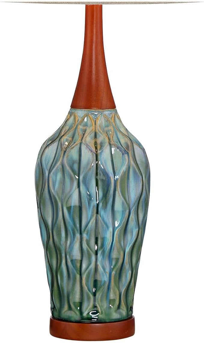 360 Lighting Rocco Mid Century Modern Table Lamp 30" Tall Ceramic Blue Teal Glaze Wood Handmade Linen Drum Shade Decor for Living Room Bedroom House Bedside Home Entryway (Colors May Vary)