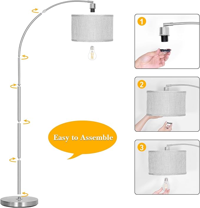 Silver Arc Floor Lamp for Living Room, Modern Standing Lamp with Adjustable Head Tall Pole Lamp with On/Off Pedal Switch Over Couch Arched Tall standing light for Reading Bedroom 8W LED Bulb Included