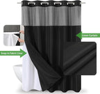 No Hooks Needed Linen Textured Shower Curtain with Snap-in Fabric Liner Set,Black Hotel Luxury Decor Shower Curtains for Bathroom with Mesh Top Window,Waterproof & Washable,71Wx74H