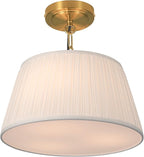 Electro bp; 12.6”Dia White Pleated Fabric Drum Shade Ceiling Light Fixture Farmhouse Brocade Linen Cone Shape Close to Semi-Flush Mount,Polished Gold,2 Sockets,E26,120W;