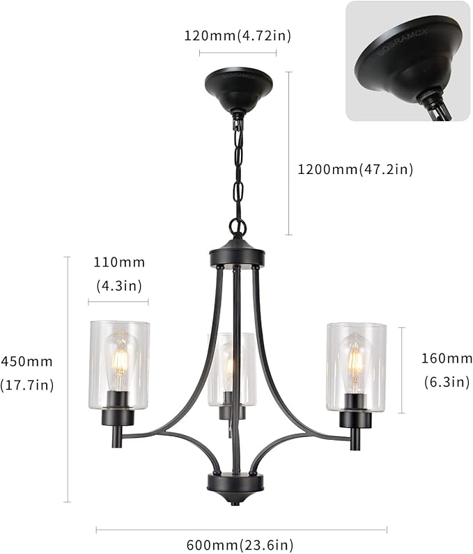 3 Lights Black Traditional Chandelier Rustic Kitchen Island Lighting Fixtures Hanging Clear Glass Cylinder Pendant Lights Classic Ceiling Light for Dining Room Bedroom Foyer