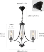 3 Lights Black Traditional Chandelier Rustic Kitchen Island Lighting Fixtures Hanging Clear Glass Cylinder Pendant Lights Classic Ceiling Light for Dining Room Bedroom Foyer