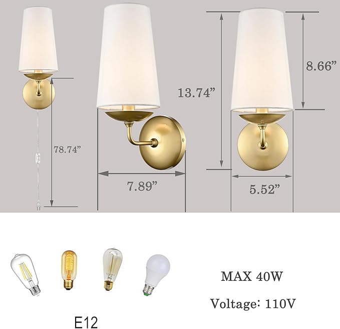 Modern Gold Wall Sconces Set of Two Linen Shade Plug in or Hardwire Wall Light Fixture for Bedroom, Living Room, Dining Room, Entryway