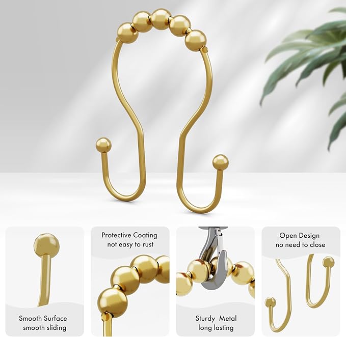 AmazerBath 12Pcs Gold Metal Double Shower Curtain Hooks & Rings, Rust Proof, Smooth Glide, Multipurpose