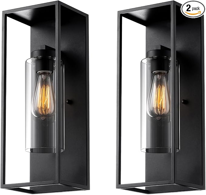 mirrea 18" Classic Outdoor Wall Sconce 1 Light in Cylinder Glass Shade and Matte Black Rectangular Metal Frame Waterproof Porch Light Patio Light Pack of 2