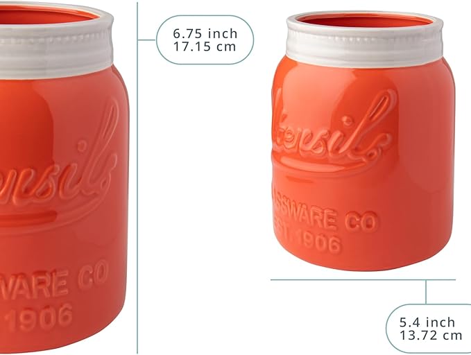 Comfify Wide Mouth Mason Jar Utensil Holder Decorative Kitchenware Organizer Crock, Dishwasher Safe - Kitchen Caddy, Large Size 7" High - Coral