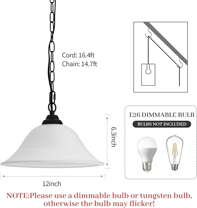 Vintage Plug in Pendant Light,Hanging Lights with Plug in Cord,16.4Ft Cord & 14.7Ft Chain Dimmable Brushed Nickel Hanging Light Fixture,Hanging Lamp with On/Off Switch for Kitchen,Bedroom,Living Room