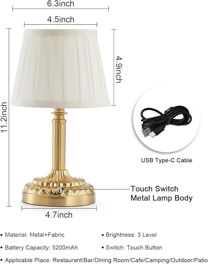 Small Cordless Table Lamp for Restaurant Dinner Table, 5200 mAh Rechargeable Battery Operated Lamp, Portable Dimmable Touch Lights for Bedroom Living Room Dining Room Outdoor Patio