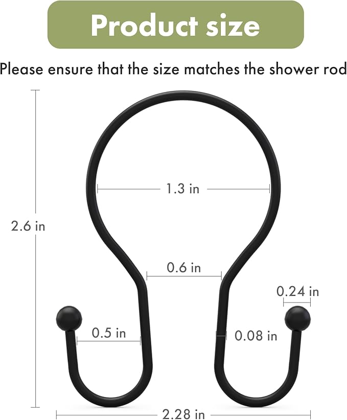 AmazerBath Shower Curtain Hooks Black Shower Curtain Rings, Simple Double Hook Shower Curtain Hooks Rust Proof, Smooth Sturdy Metal Shower Hooks for Shower Curtain Rod, 12 Pcs Shower Rod Hooks