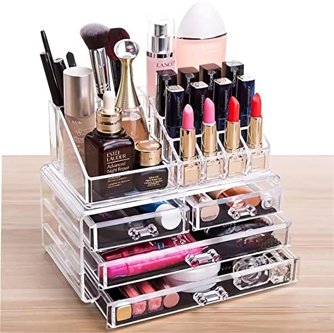 Cq acrylic Clear Make Up Organizer Countertop,Small 4 Drawers Cosmetic Storage,Cute Vanity Skincare Organizers for Jewelry,Lipstick,Makeup Brush,Beauty Product Desk and Bathroom Organizers and Storage