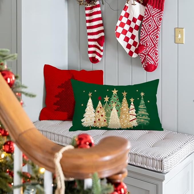 RABUSOFA Christmas Tree Pillow Covers 12x20 Inch,Watercolor Christmas Decorations Pillows Decorative Throw Pillows Gold Stars Xmas Lumbar Cushion Case for Home Decor Couch Winter Holiday(4-Green)