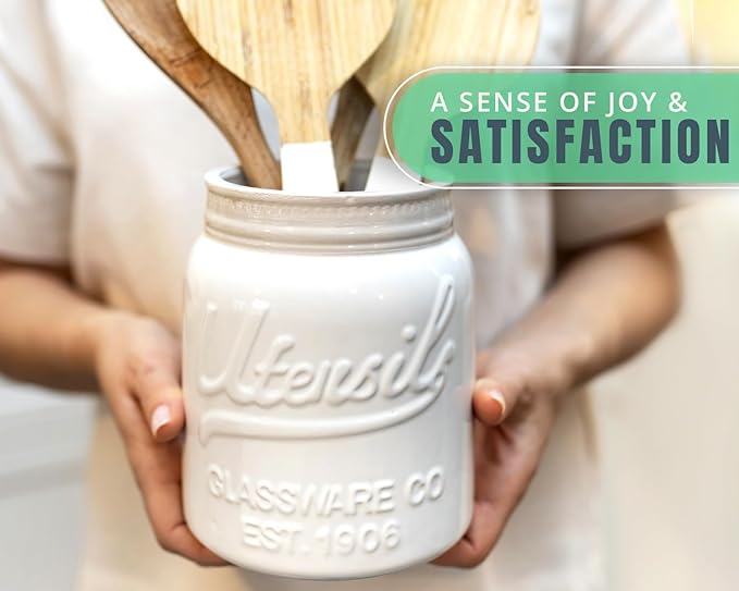 Comfify Wide Mouth Mason Jar Utensil Holder Decorative Kitchenware Organizer Crock - Perfect Cookware Gift - White, Large Size 5.4x6.75