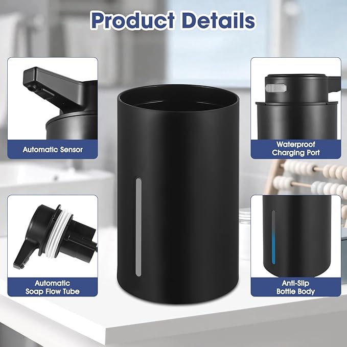 2 Pack Automatic Foaming Soap Dispenser, 13.5oz Touchless Electric Hand Soap Dispenser, Rechargeable Foam Pump for Kitchen Sink, Modern Black (Black)