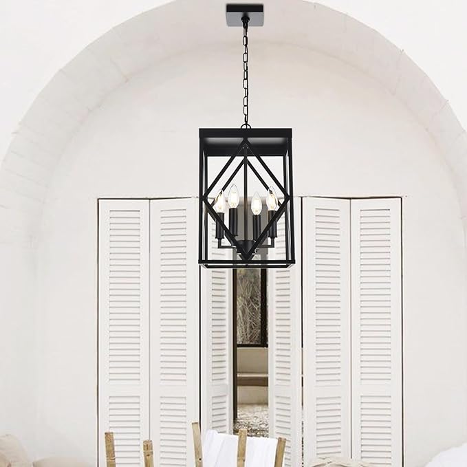 4-Light Outdoor Pendant Light Fixtures Large 15.7'' Black Outdoor Chandelier Metal Cage Exterior Hanging Porch Light w/Glass Shade, Outdoor Pendant Lantern Lamp for Front Porch Balcony Foyer