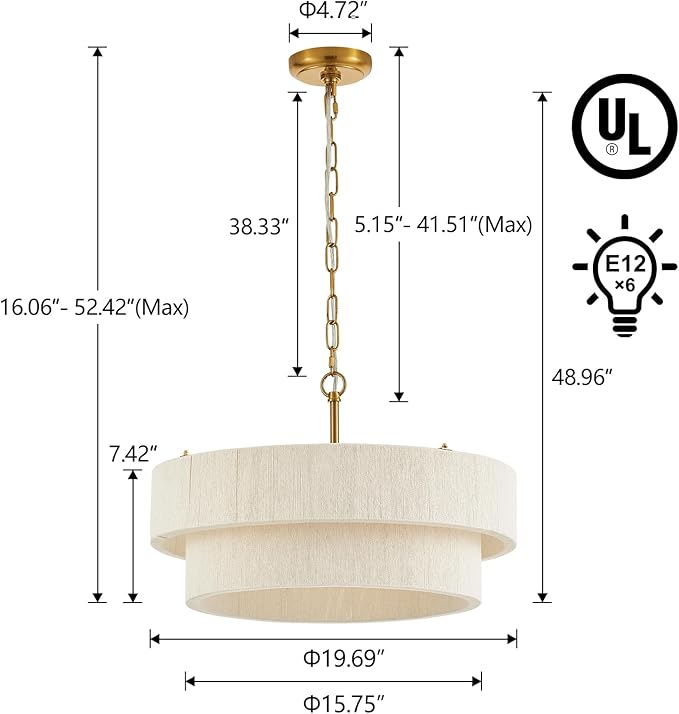 20”Hand Woven Rattan Chandelier Boho Pendant Light Adjustable Coastal Pendant Light for Kitchen Island Dining Living Room, White, UL Listed