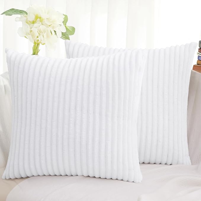 Simmore Decorative Fall Throw Pillow Covers 26x26 Set of 2, Soft Natural Plush Flannel Double-Sided Fluffy Couch Pillow Covers for Sofa Living Room, White
