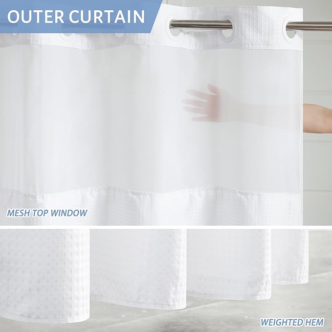 Furlinic Extra Long Waffle Weave No Hook Shower Curtain with Snap in Liner,Heavy Duty Textured Fabric Bathroom Curtains,Hotel Style with Mesh Top Window,Waterproof & Machine Washable,White,71x96.