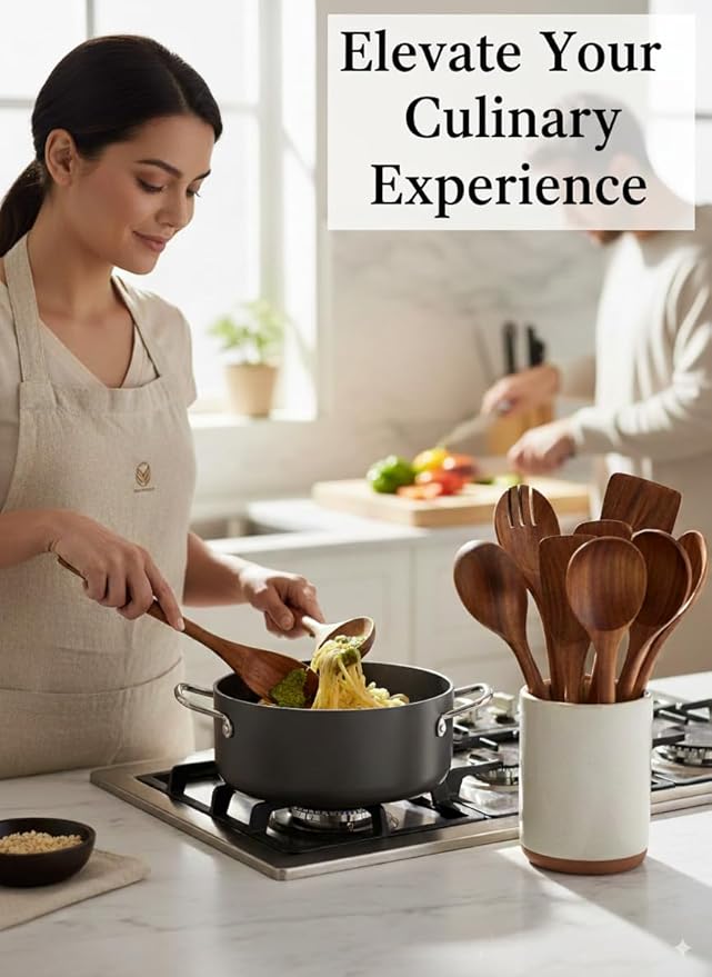 100% Natural Teak Wood Wooden Utensil Set – 10 Pcs Durable Kitchen Spoons for Cooking – Non-Stick & Heat Resistant, Eco-Friendly & Comfortable Grip