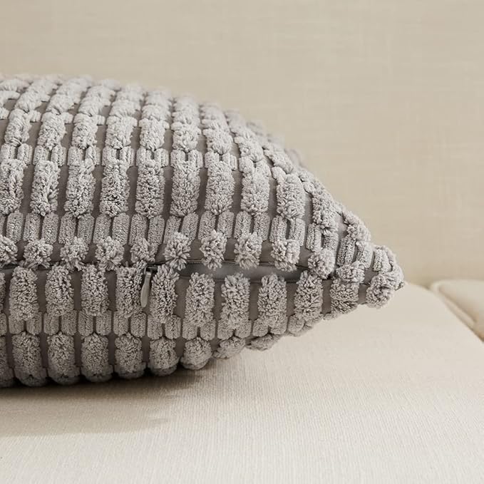 Fancy Homi Gray Lumbar Farmhouse Decorative Throw Pillow Covers 12x20 Inch for Living Room Couch Bed Sofa, Rustic Boho Home Decor, Soft Striped Corduroy Rectangle Cushion Case 30x50 cm